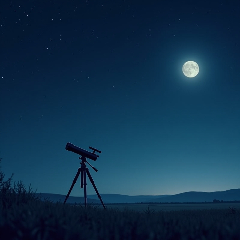 Nattlig stjärnhimmel med teleskop riktat mot månen och stjärnorna