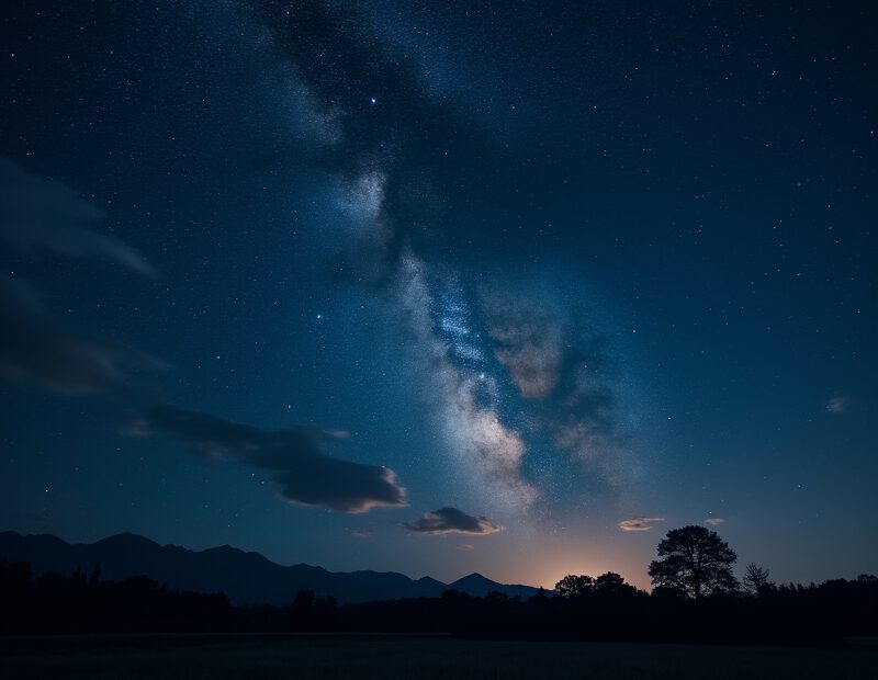 Klar natthimmel med tydliga stjärnor över mörkt landskap