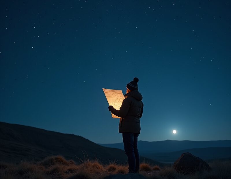 Person som stjärnskådar under klar natthimmel med stjärnkarta i handen
