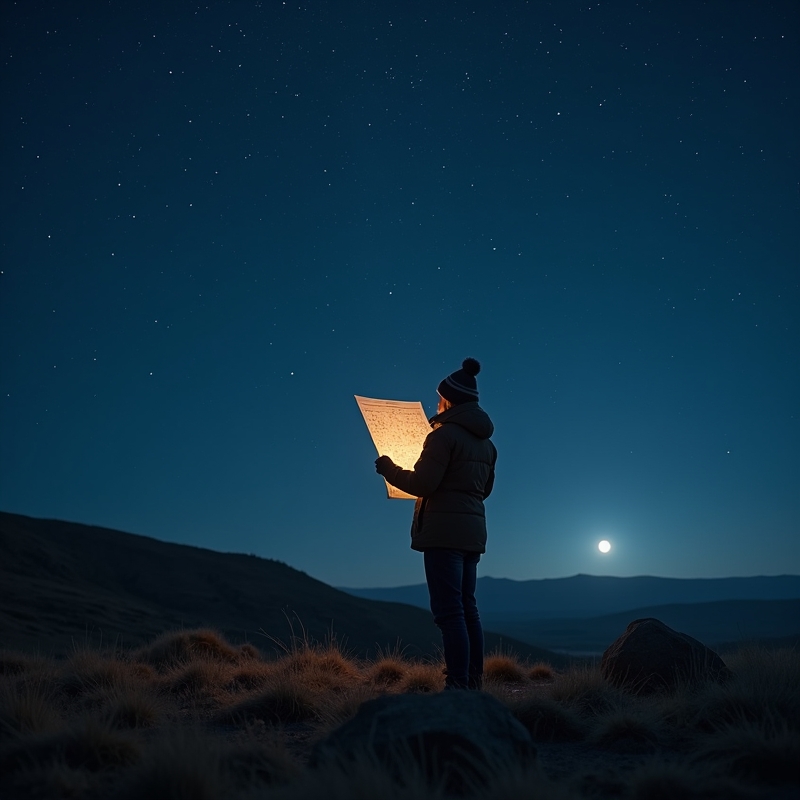 Person som stjärnskådar under klar natthimmel med stjärnkarta i handen