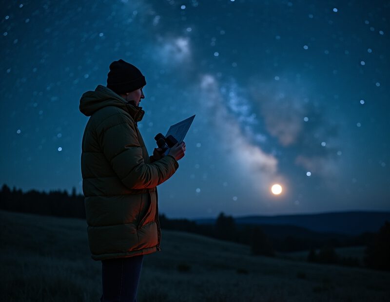 Nybörjare som stjärnskådar under mörk himmel med kikare och stjärnkarta