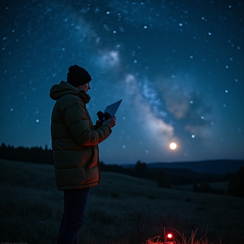 Nybörjare som stjärnskådar under mörk himmel med kikare och stjärnkarta