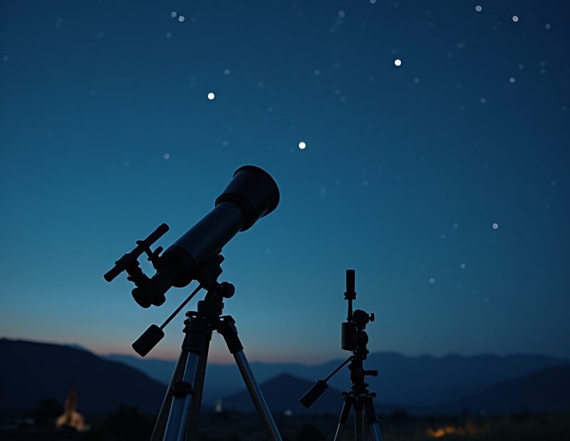 Nybörjarvänligt teleskop uppställt utomhus under klar kvällshimmel
