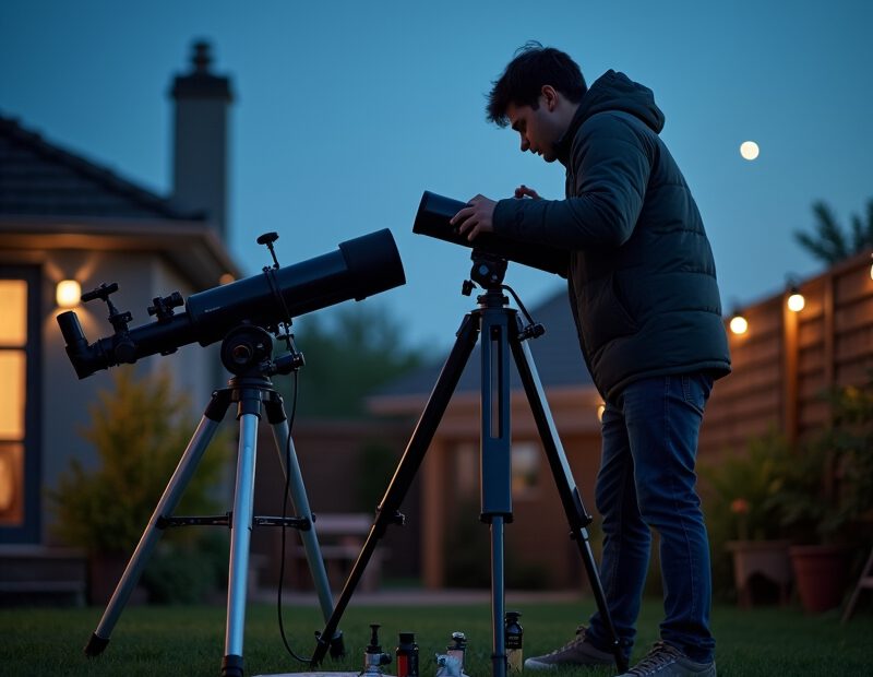 Vanliga misstag om bästa teleskop för nybörjare 1 Nybörjare jämför två teleskop på stativ under klar kvällshimmel