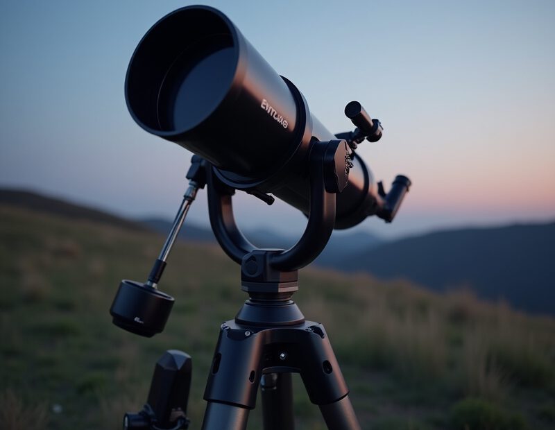 Nybörjarvänligt teleskop uppställt för stjärnskådning i kvällsljus