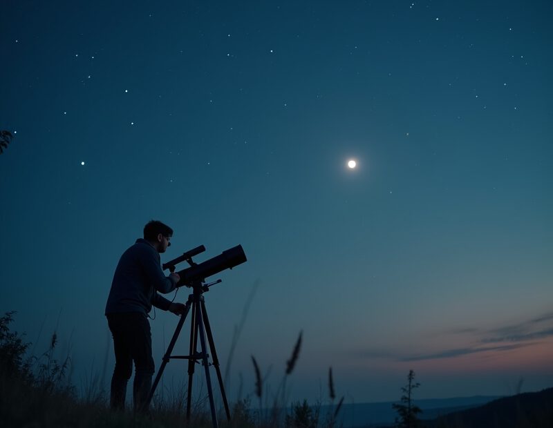 Nattlig stjärnhimmel med person som observerar himlen med teleskop