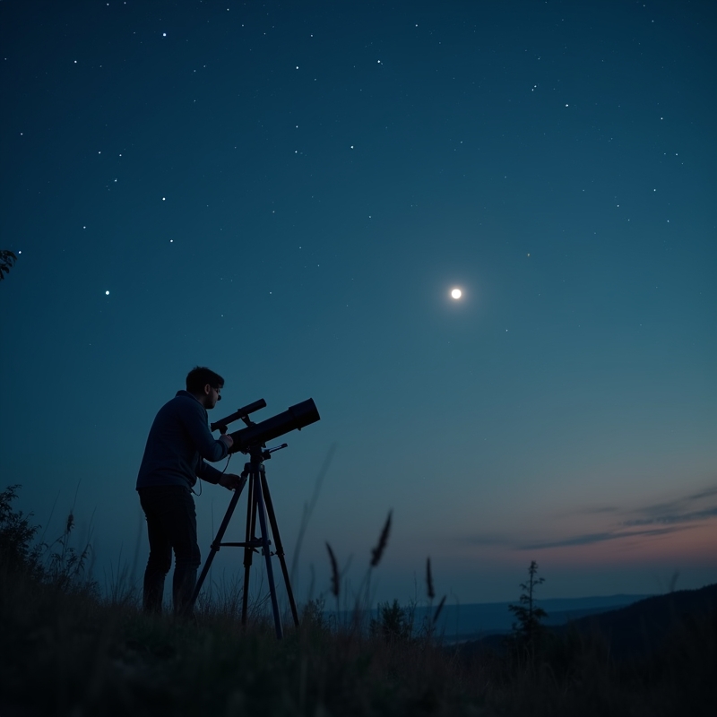 Nattlig stjärnhimmel med person som observerar himlen med teleskop