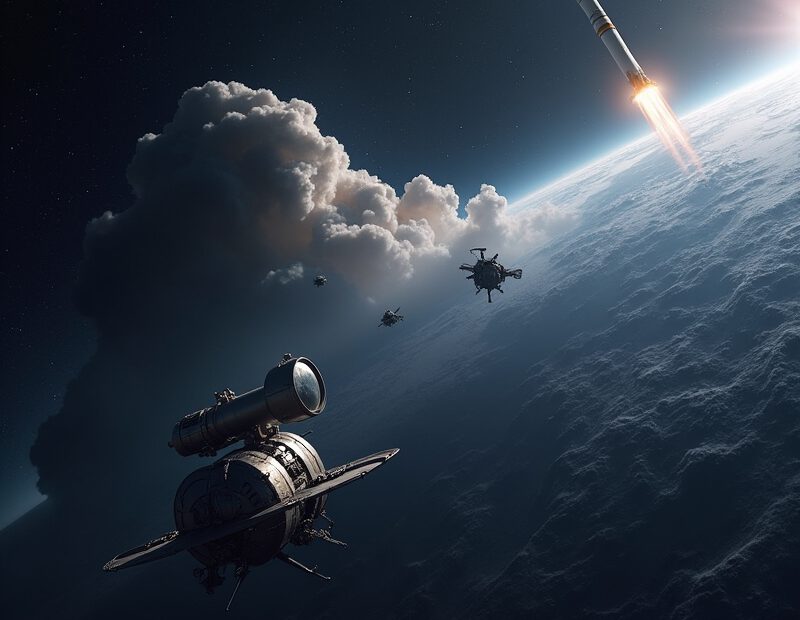 Illustration av moderna rymdfarkoster på väg mot olika mål i solsystemet