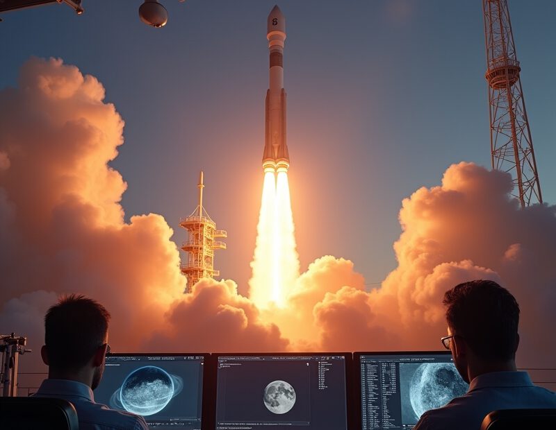 Raketu uppskjutning mot stjärnhimlen med kontrollrum och målgrafik i bakgrunden