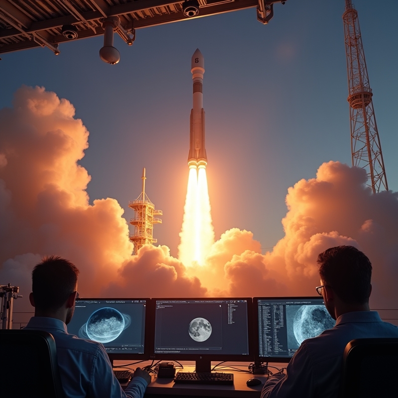 Hem 14 Raketu uppskjutning mot stjärnhimlen med kontrollrum och målgrafik i bakgrunden
