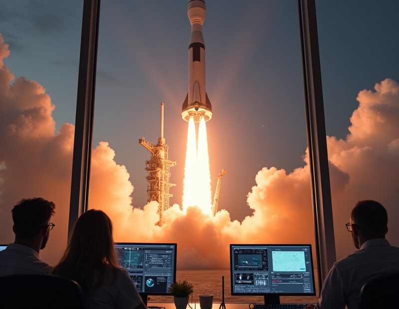 Raketuppskjutning med kontrollrum och skärmar om nytt rymduppdrag