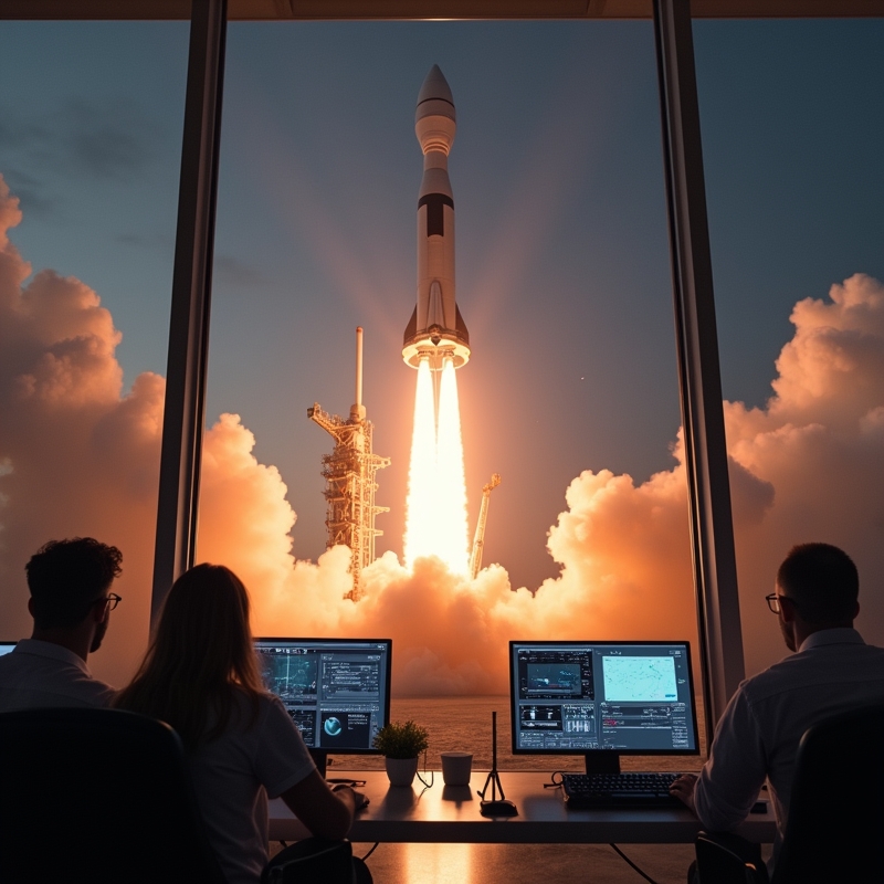 Hem 13 Raketuppskjutning med kontrollrum och skärmar om nytt rymduppdrag