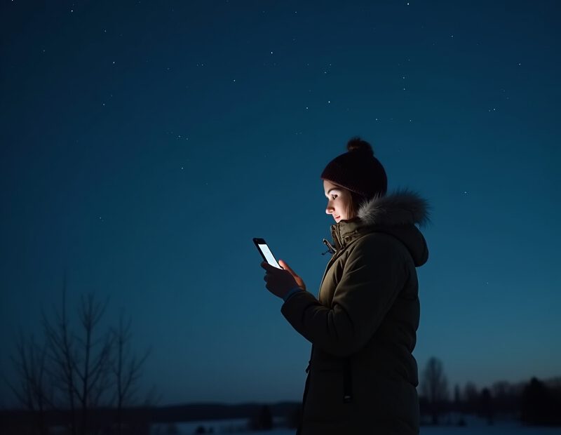 Mobil med astronomiapp riktad mot stjärnhimlen under en klar kväll