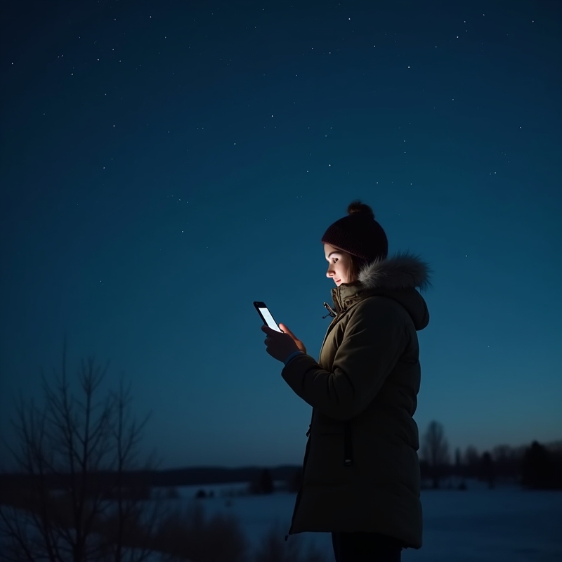 Hem 11 Mobil med astronomiapp riktad mot stjärnhimlen under en klar kväll