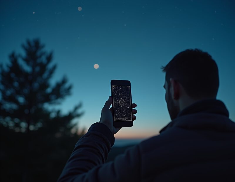 Mobilapp som visar stjärnhimlen under en klar kväll utomhus