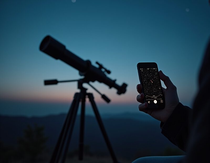 Mobil med astronomiapp under klar stjärnhimmel på kvällen