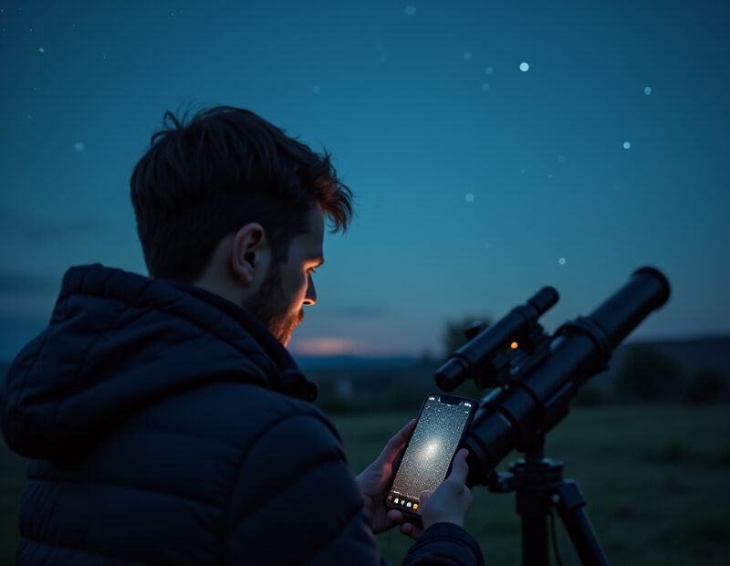 Mobil med astronomiapp riktad mot klar stjärnhimmel på kvällen