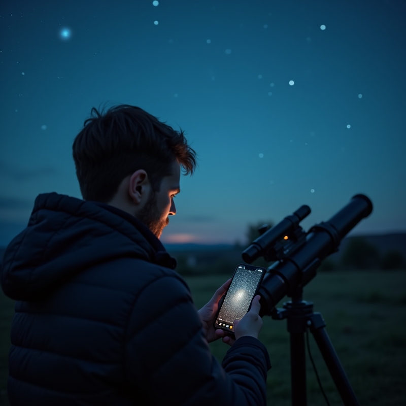 Hem 8 Mobil med astronomiapp riktad mot klar stjärnhimmel på kvällen