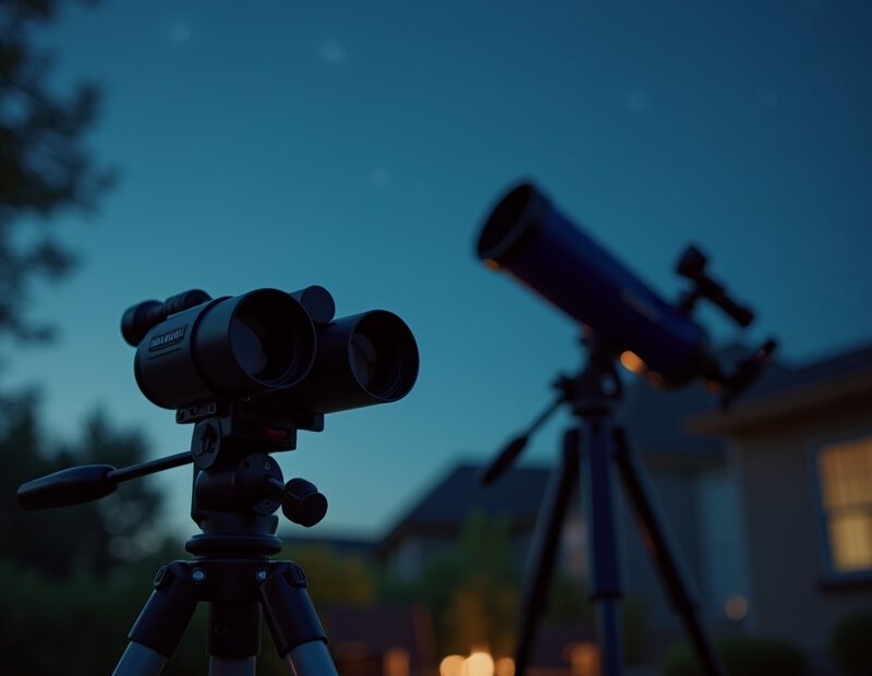Kikare och teleskop uppställda för stjärnskådning under klar kvällshimmel