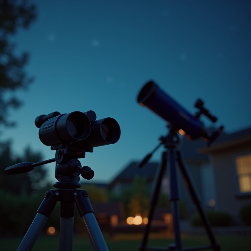 Hem 6 Kikare och teleskop uppställda för stjärnskådning under klar kvällshimmel
