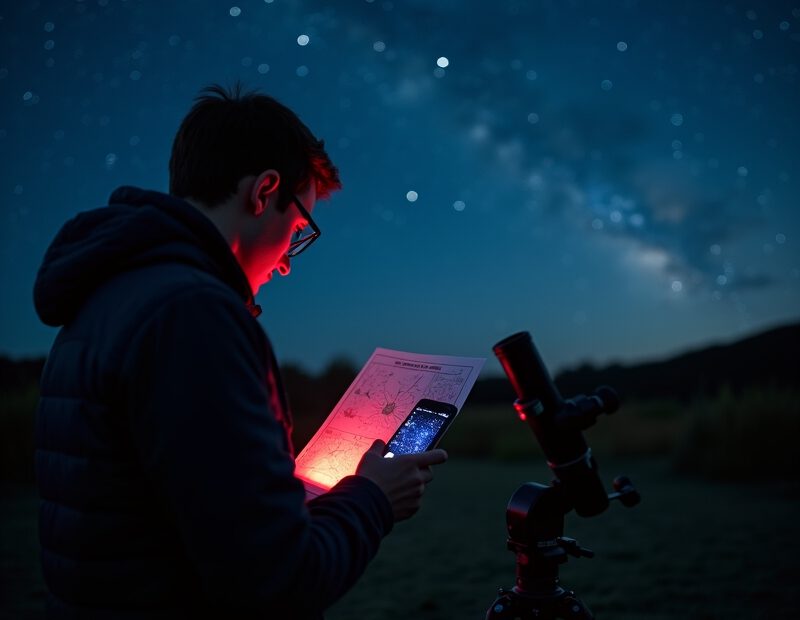 Stjärnkarta och mobilapp under klar natthimmel för nybörjare
