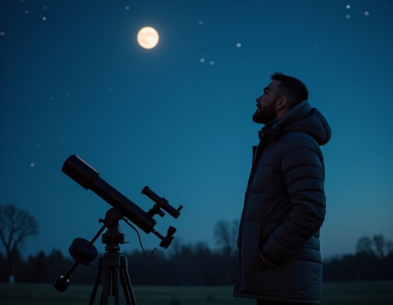 Nybörjare som tittar på natthimlen med kikare under klar kväll