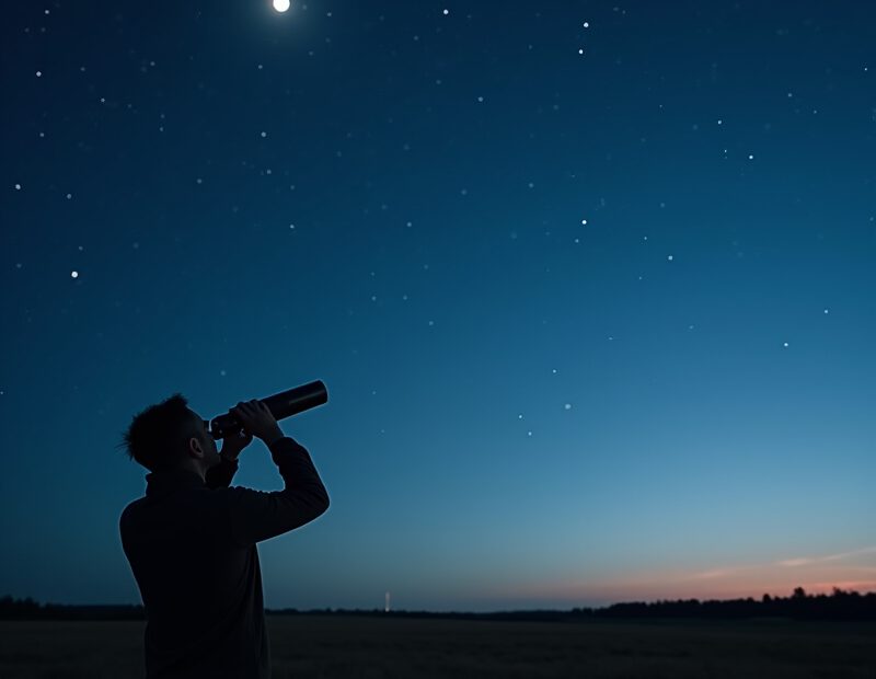 Natthimmel med måne, stjärnor och en person som stjärnskådar