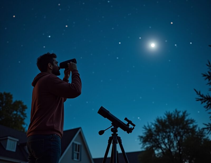 Nybörjare som tittar på stjärnhimlen med kikare en klar kväll