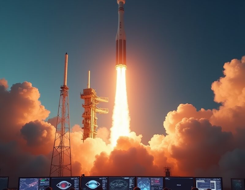Raketuppskjutning mot mörk himmel med kontrollcenter i bakgrunden