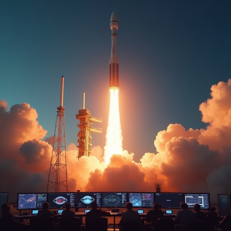 Raketuppskjutning mot mörk himmel med kontrollcenter i bakgrunden