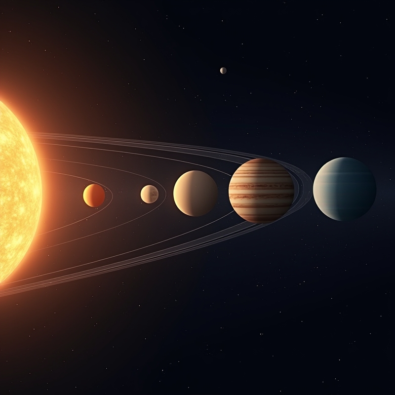 Illustration av solen och planeterna i solsystemet i ordning