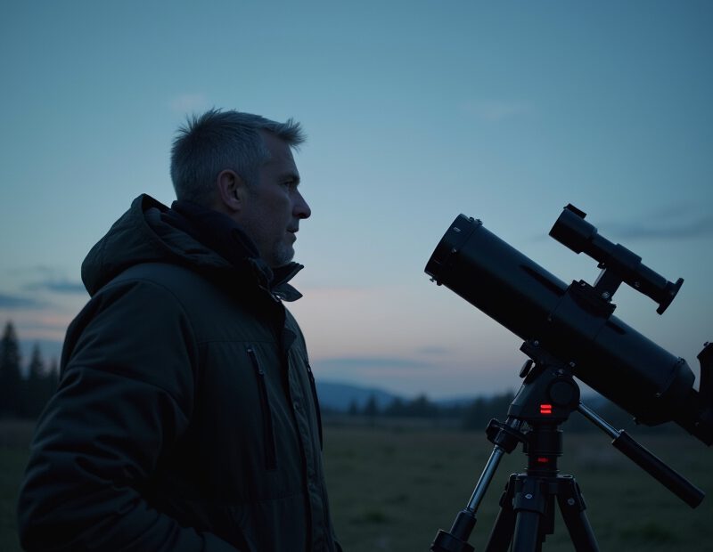 Nybörjare jämför en kikare och ett litet teleskop under kvällshimlen