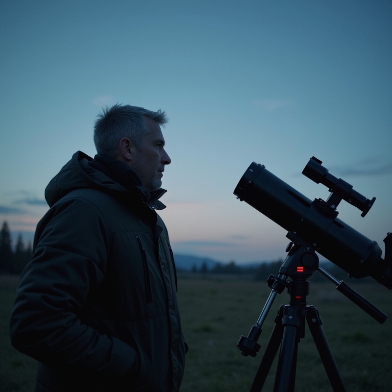 Nybörjare jämför en kikare och ett litet teleskop under kvällshimlen
