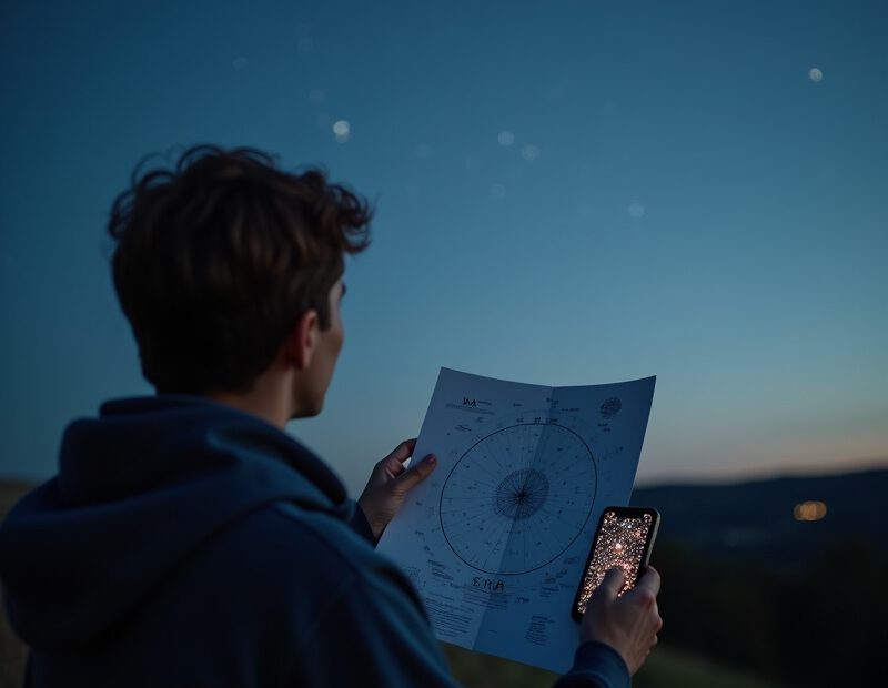 Nybörjare använder en stjärnkarta under klar kvällshimmel utomhus