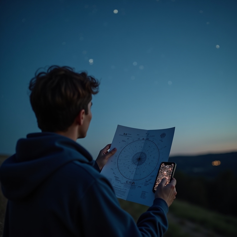 Nybörjare använder en stjärnkarta under klar kvällshimmel utomhus