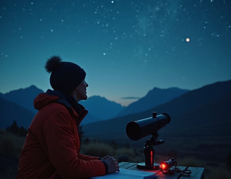 Nybörjare som tittar på natthimlen med kikare och stjärnkarta