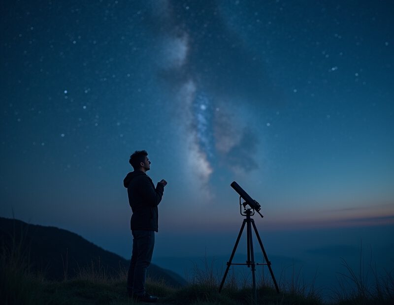 Nybörjare som tittar mot kvällshimlen med kikare på mörk plats