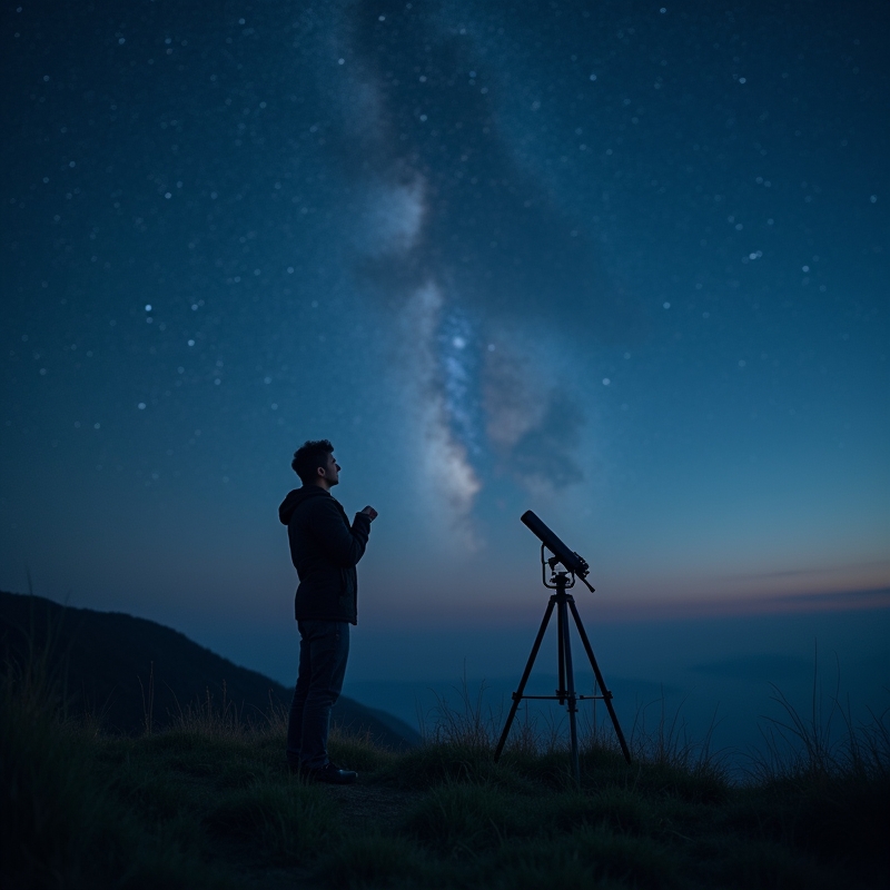 Hem 4 Nybörjare som tittar mot kvällshimlen med kikare på mörk plats