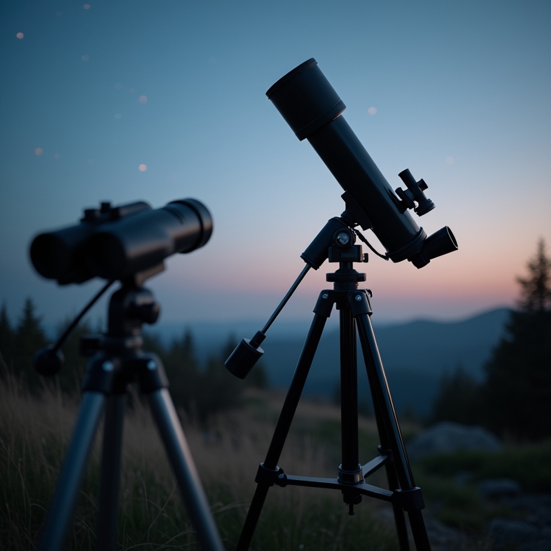 Hem 3 Kikare och litet teleskop uppställda för stjärnskådning i skymning