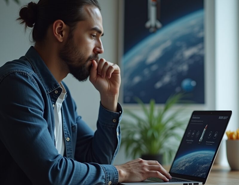 Person läser NASA nyheter på skärm med rymdbild i bakgrunden