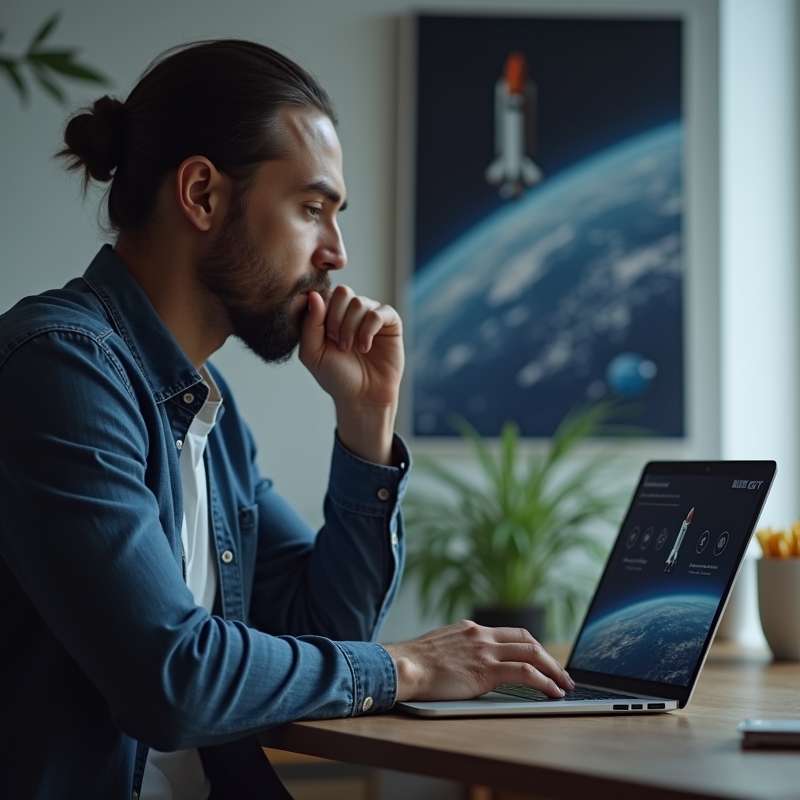 Hem 2 Person läser NASA nyheter på skärm med rymdbild i bakgrunden