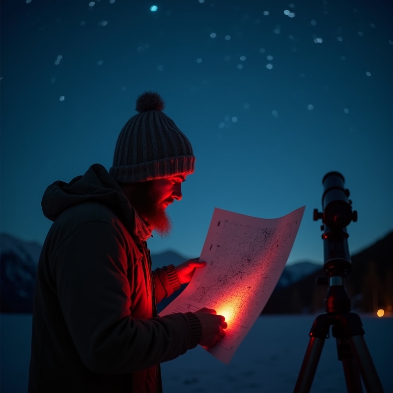 Hem 1 Person använder stjärnkarta utomhus under klar natthimmel