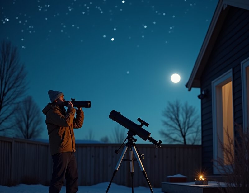 Nybörjare som tittar på stjärnhimlen med kikare en klar kväll