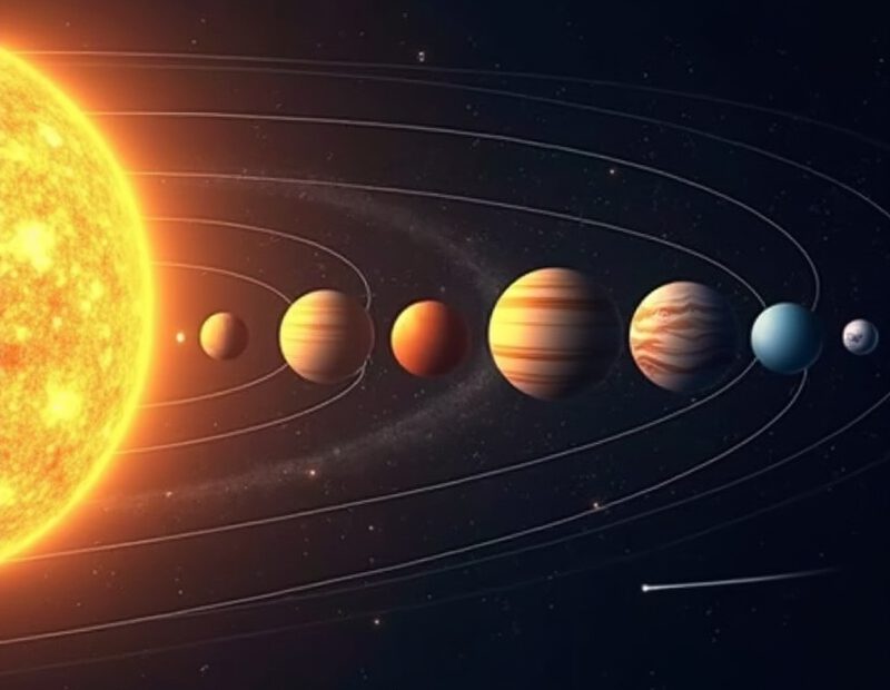 Illustration av solen och planeterna i solsystemet i ordning