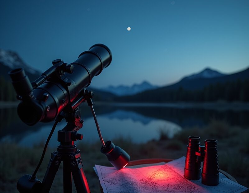 Kikare och litet teleskop uppställda för stjärnskådning i skymningen