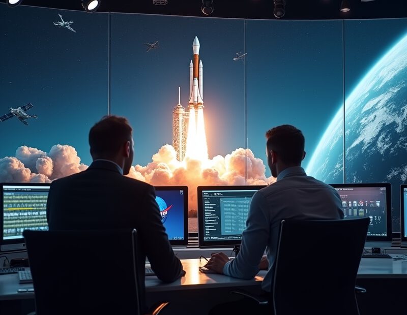 NASA-relaterad raketuppskjutning med kontrollrum och skärm i bakgrunden
