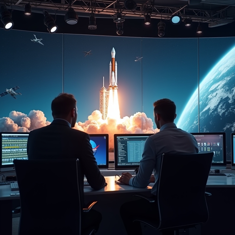 Hem 2 NASA-relaterad raketuppskjutning med kontrollrum och skärm i bakgrunden