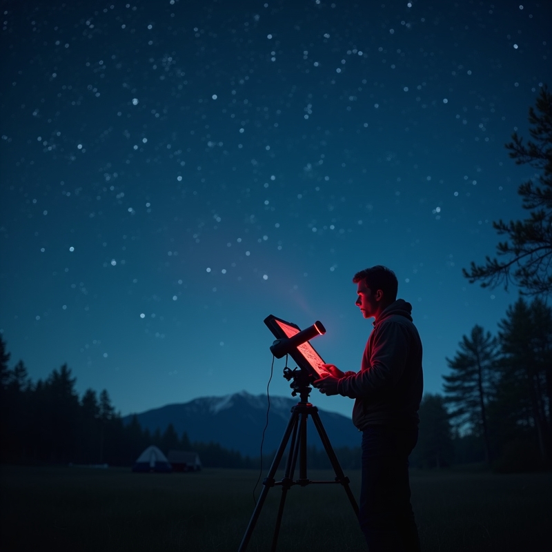 Hem 1 Person använder stjärnkarta under klar natthimmel vid stjärnskådning