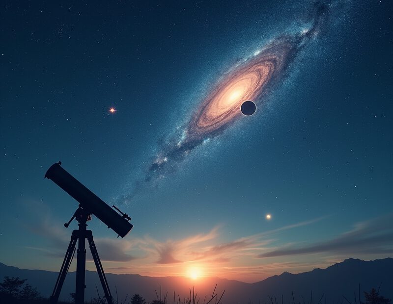 Illustration av planeter, stjärnor och en galax på natthimlen