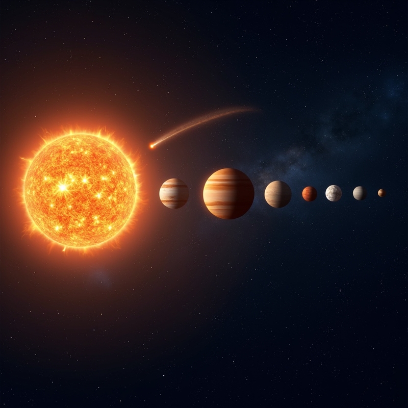 Illustration av solen, planeterna och småkroppar i solsystemet